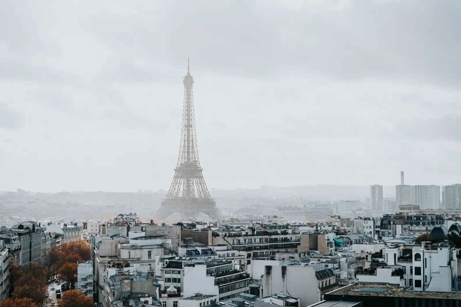 Vue sur la Tour Eiffel dominant les toits haussmanniens de Paris sous un ciel gris
