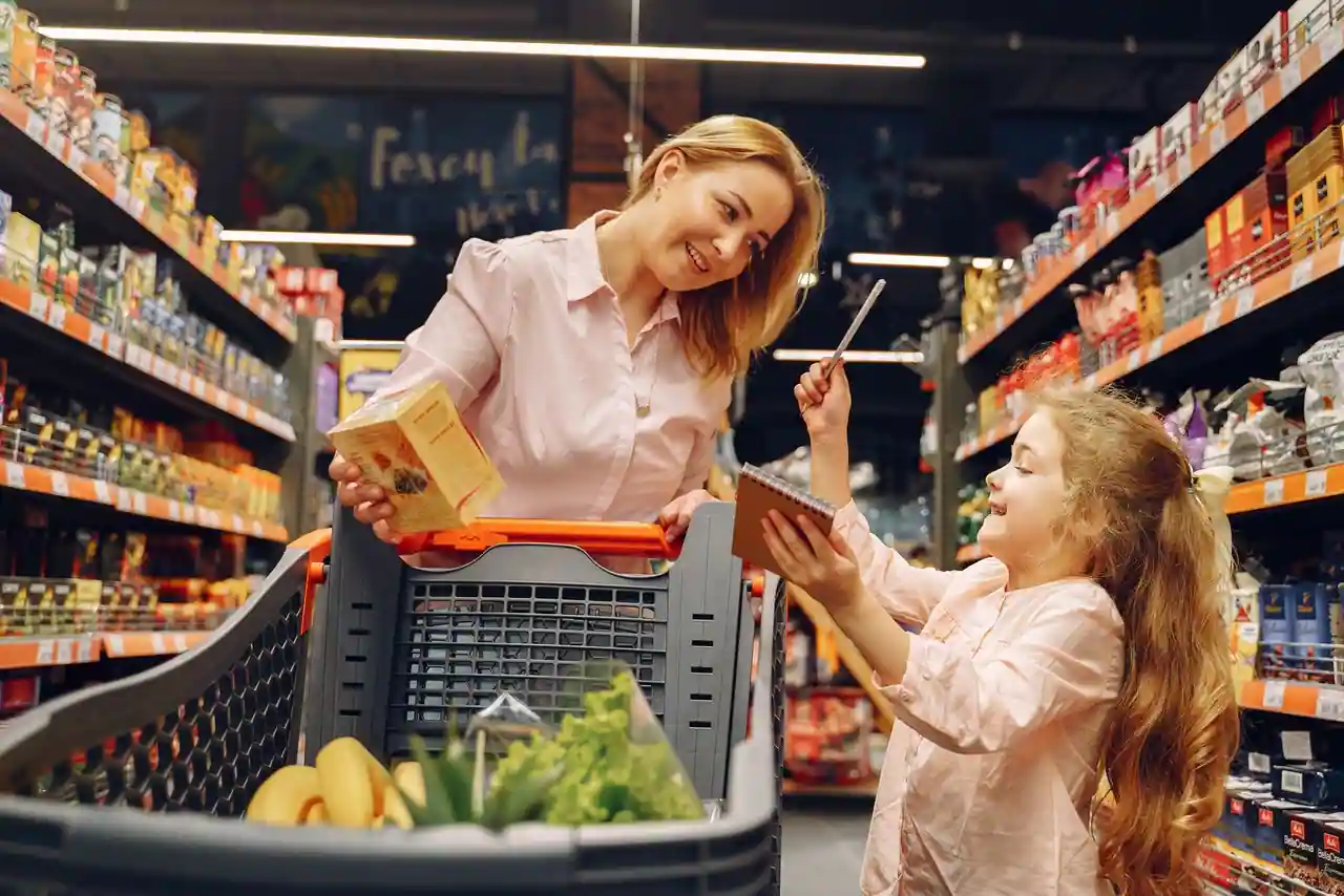 Une mère et sa fille font leurs courses dans le rayon d'un supermarché, le caddie rempli de produits