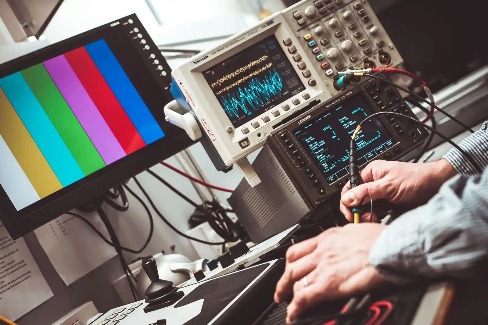 Instruments de mesure en laboratoire, oscilloscope et analyseur, devant un écran affichant une mire de couleurs.