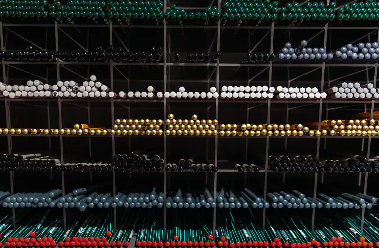 Rayonnages d'un magasin garnis de crayons de couleur rangés par teintes sur plusieurs étagères.