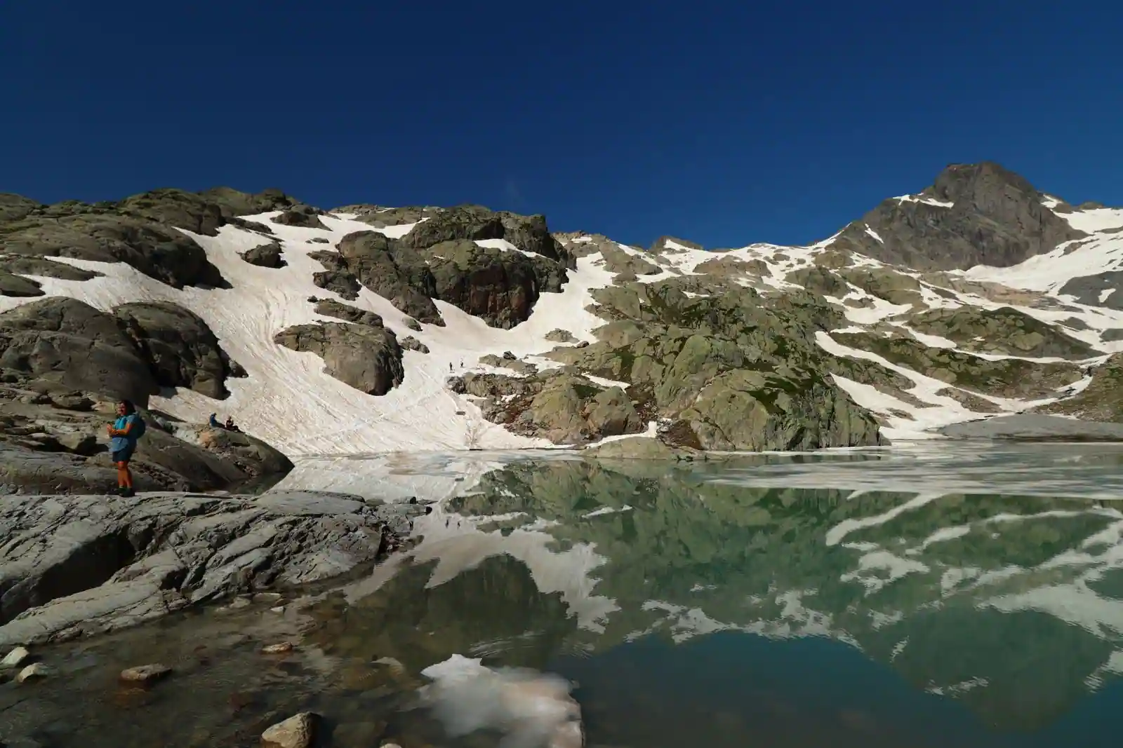 Randonneur au bord d'un lac d'altitude, entre névés et pentes rocheuses, par temps clair